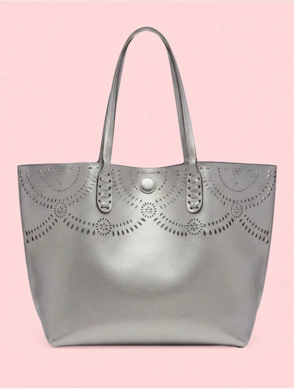 ✨ NWOT Silver Laser-Cut Tote + Matching Pouch — Perfect Everyday/Campus Bag ✨